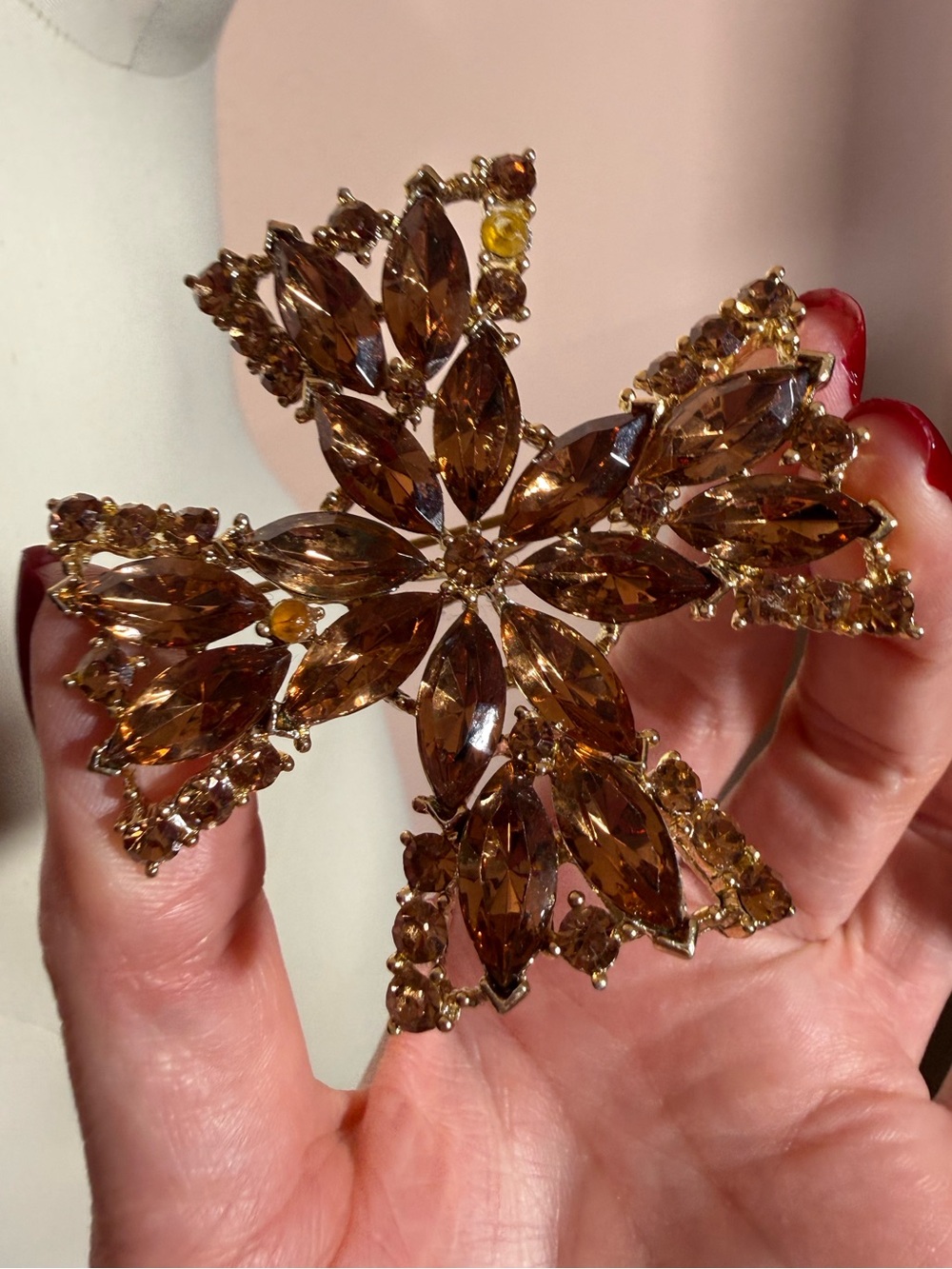 Weiss Amber Foil back Crystal Marquee Oversized Maltese Cross Brooch Runway
